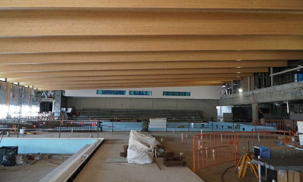 Myrtha pools are being installed inside the pool hall at the Wulanda Recreation and Convention Centre.