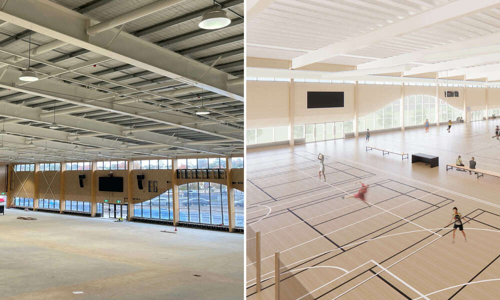 Acoustic treatment and lighting installation is almost complete in the entertainment hall and sports courts area (left).