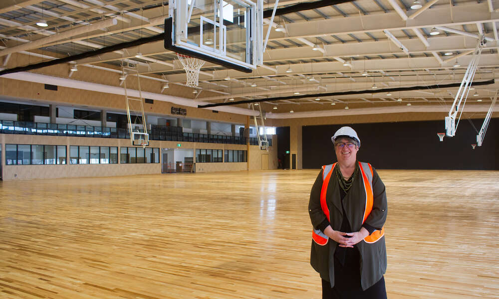 City of Mount Gambier inspecting the recently installed timber flooring at Wulanda Recreation and Convention Centre.