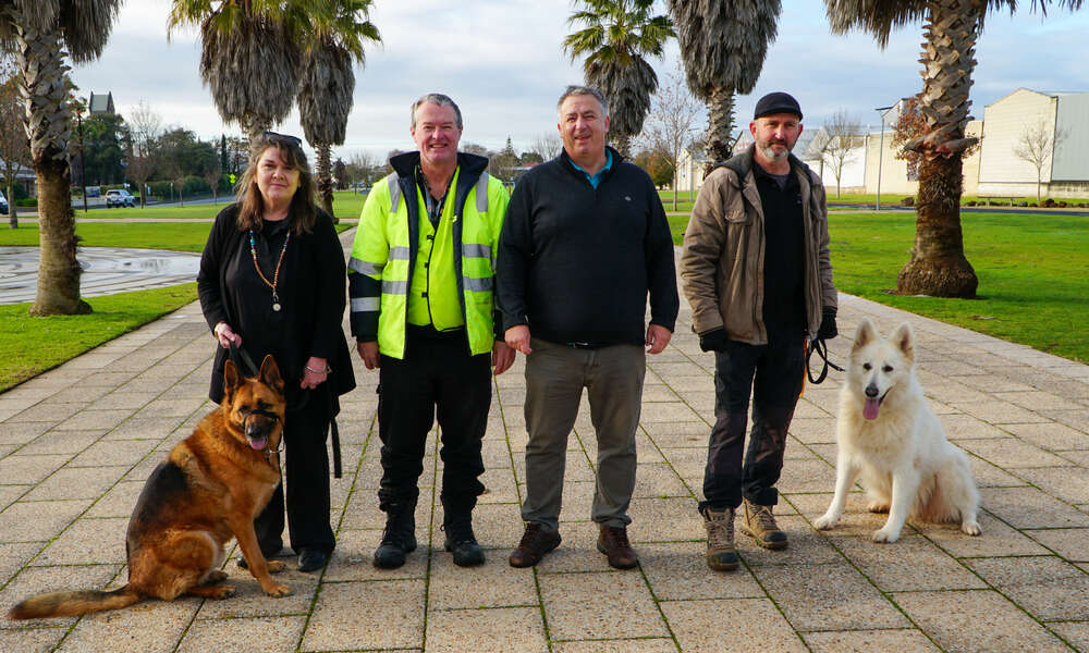 District Council of Grant Ranger Dale Millar and Ruby (rescue dog), City of Mount Gambier Team Leader General Inspectorate Derek Feguson, District Council of Grant Ranger Wayne Davison and City of Mount Gambier General Inspector Michelle Abramovic and Romeo (rescue dog).