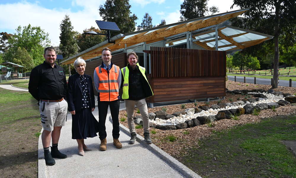 Kennett representatives Caolan Buckley and Bryce Allen with Mayor Lynette Martin and Council Project Engineer Andrew Thompson at the newly opened Valley Lake/Ketla Malpi public toilets.