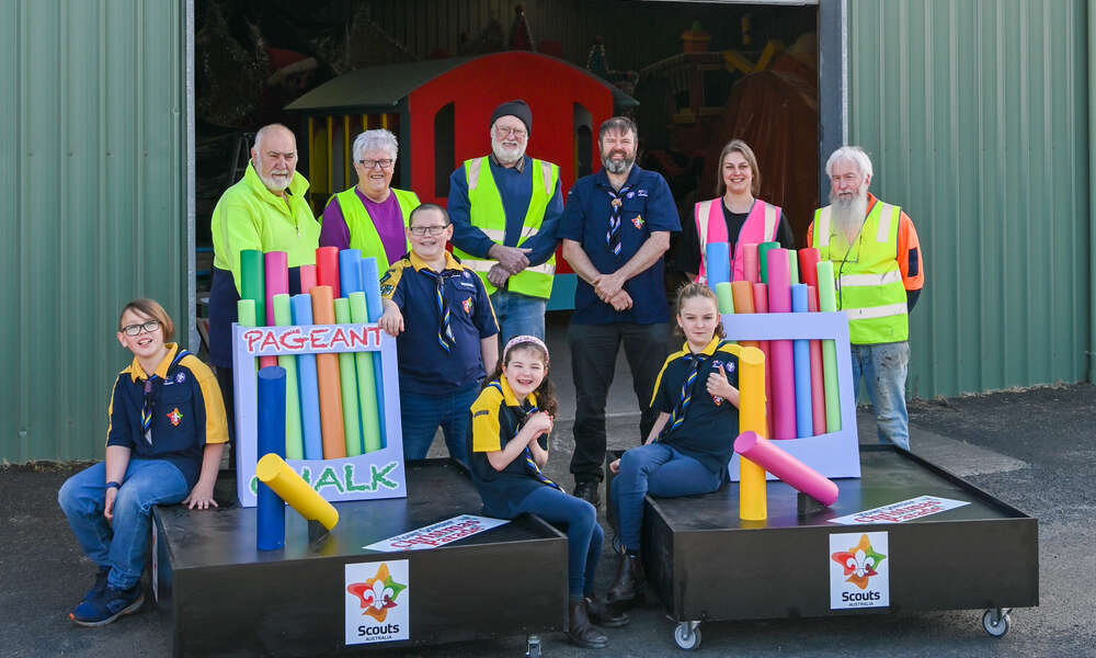 The Mount Gambier Scout Group with City of Mount Gambier parade shed volunteers and staff.