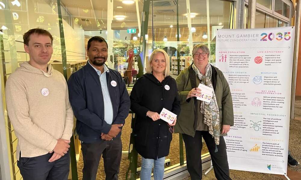 Cr Josh Lynagh, Manager Engineering, Design and Assets Abdullah Mahmud, Manager Economy, Strategy and Engagement Biddie Shearing and CEO Sarah Philpott at the Thugi/Cave Garden Summer Market.
