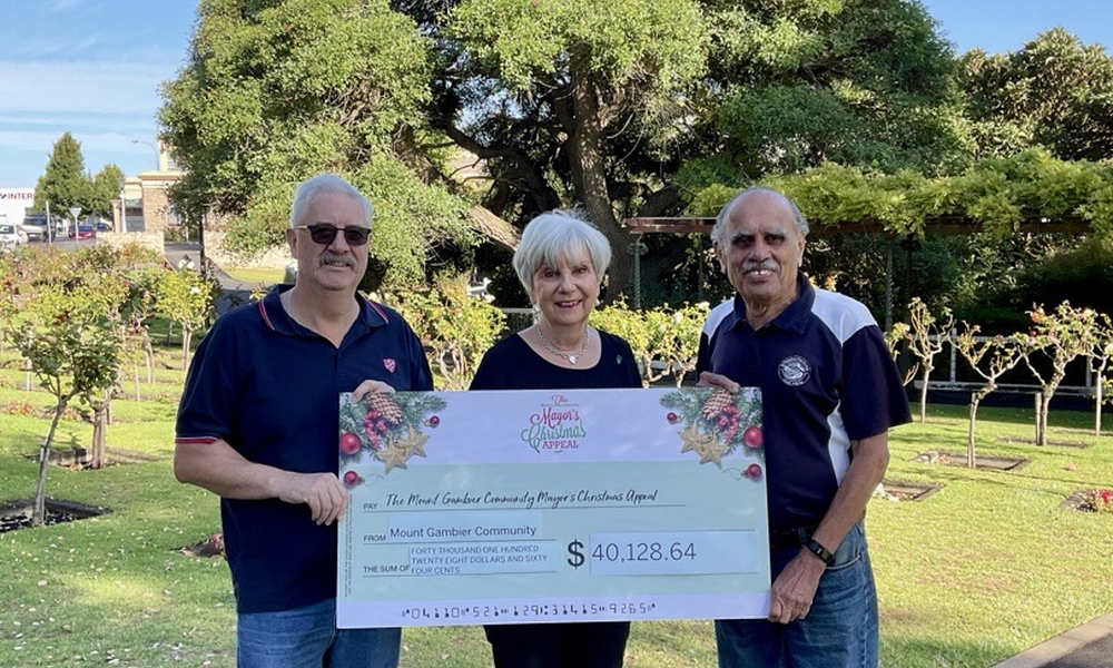 Salvation Army representative John Douglas (left), Mayor Lynette Martin and St Vincent de Paul representative John D’Souza with a cheque for the total donation amount of more than $40,000 to the Mount Gambier Community Mayor's Christmas Appeal.