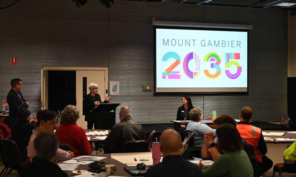 City of Mount Gambier Mayor Lynette Martin addresses the Mount Gambier 2035 Community Panel members at their first session at City Hall.