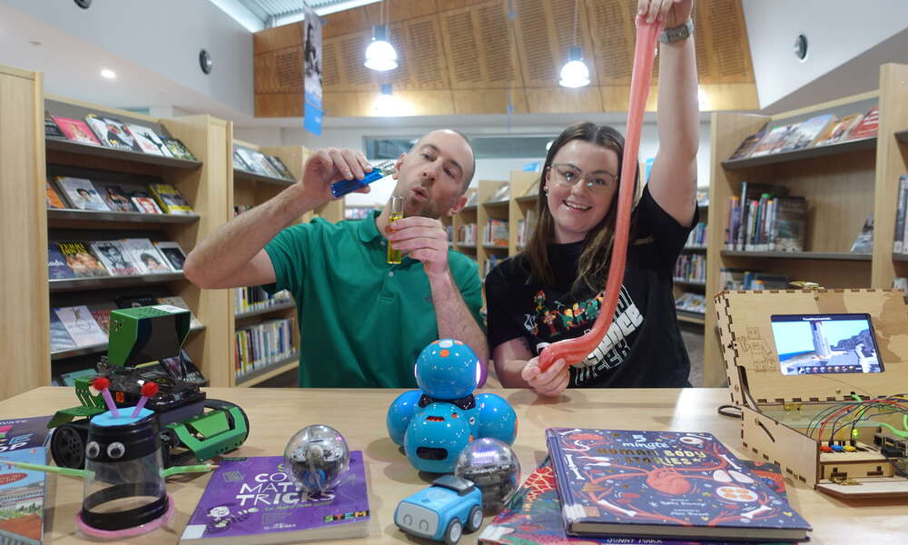 Mount Gambier Library staff Rowan and Emmason experiment ahead of National Science Week from Saturday 10 to Sunday 18 August 2024.