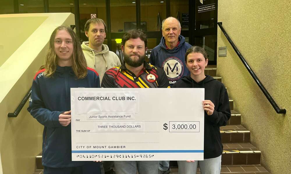 City of Mount Gambier Junior Sports Assistance Fund Presiding Member Councillor Josh Lynagh (back left), Mount Gambier Cycling Club's John Cranwell and Mount Gambier Commercial Club's Matthew Driscoll with Exceptional Junior Awardees Kai Arbery and Bree Ridding.