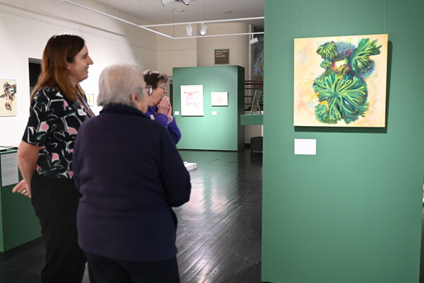 Riddoch Programming Assistant Bianca Richardson chats with Boandik St Mary’s resident Lina about the artwork at the gallery.