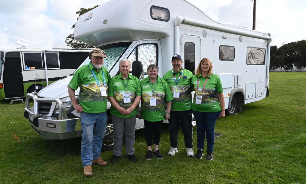 Salty Horrigan (left), Barrie Paulo, Jo-Anne Arthur, Mick and Lyn McLaughlin on site at the Mount Gambier Showgrounds for the CMCA National Rally.