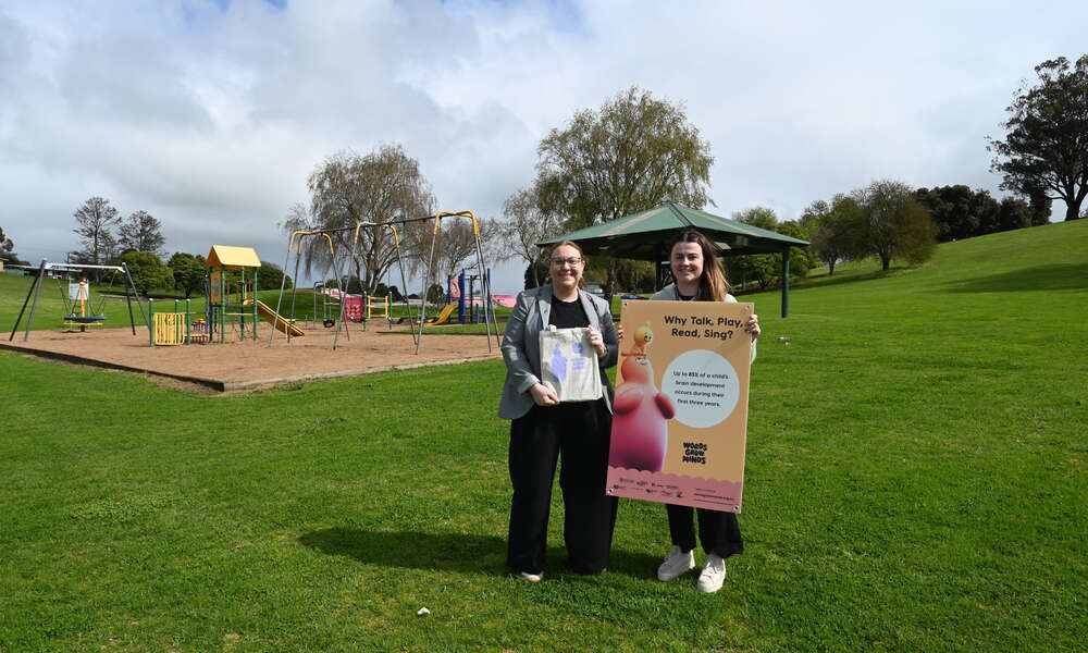 Mount Gambier Library Team Leader Children and Youth Services Erin Jones and Youth Programs and Events Officer Emmason Illsley at AF Sutton Memorial Park.