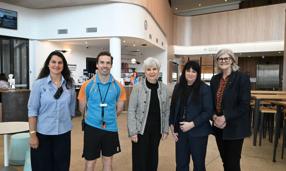 Wulanda Recreation and Convention Centre staff Christina (left) and Dave with Mayor Martin, Centre Manager Heidi Gajic and the Governor-General.