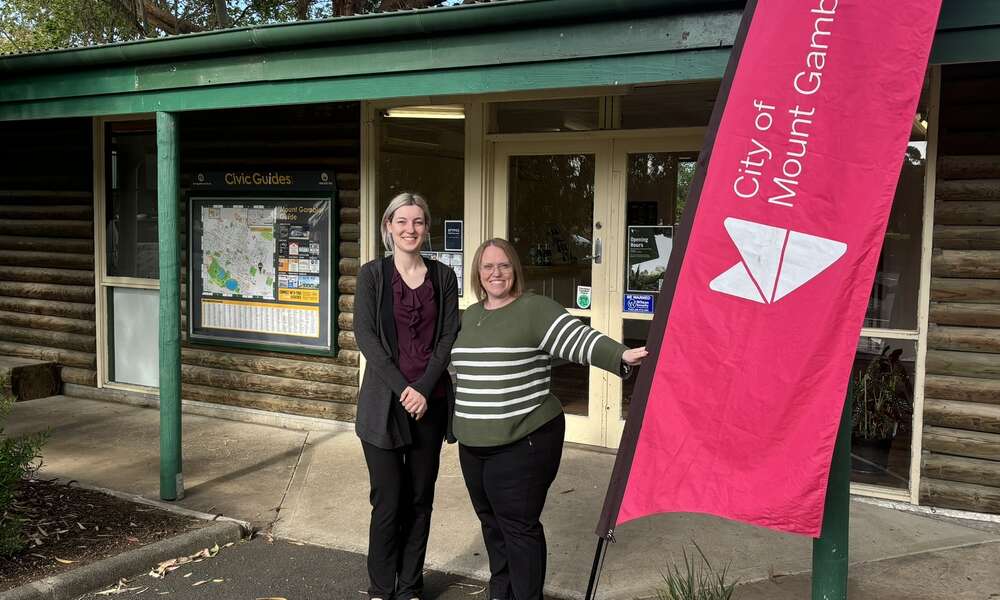 Visitor Services Officer Kristie Pearson (left) and acting Team Leader Visitor Services Tracey Martin at the Umpherston Sinkhole/Balumbul building, the latest 'spoke' in the recently implemented 'hub and spoke' visitor servicing model.