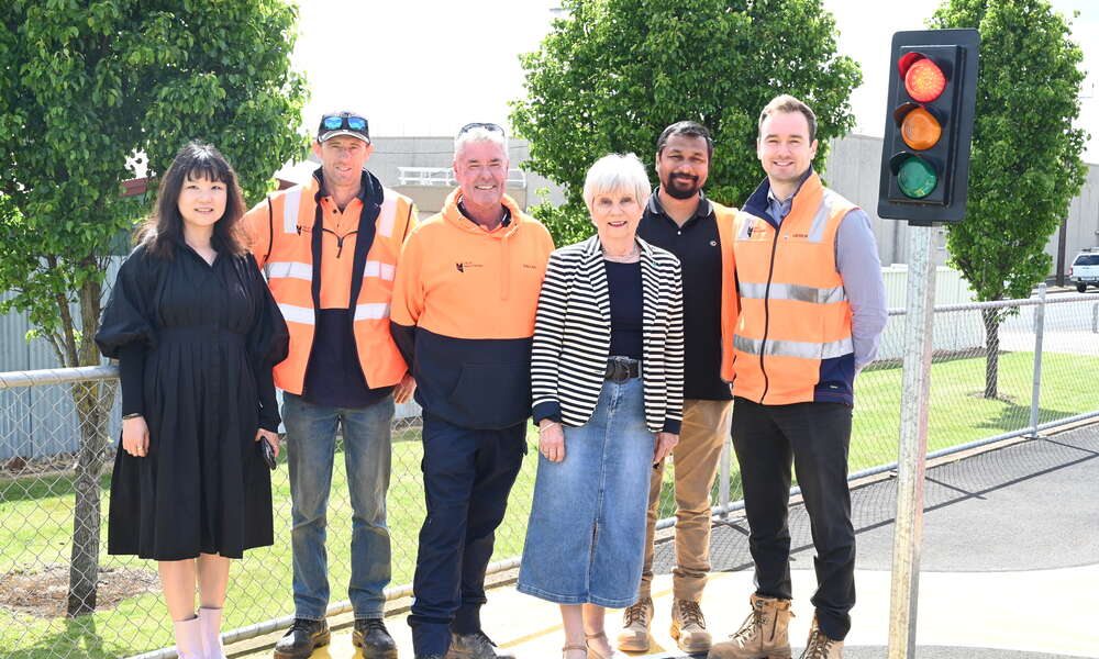 JPE Design Studio Senior Landscape Architect Lin Markus, City of Mount Gambier Coordinator Construction and Maintenance Chris Habets, Construction and Maintenance Works Supervisor Dallas Humphries, Mayor Lynette Martin, Manager Engineering, Design and Assets Abdullah Mahmud and Project Engineer Andrew Thompson at the learn to ride mini streetscape.