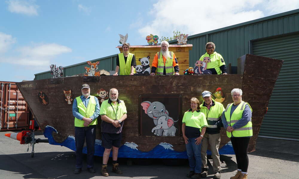 City of Mount Gambier parade shed volunteers and staff Liana Golubic, Allen Liptrott, Kristine Berry, Mike Scutter, Tom Telford, Denise Richardson, Alan Richardson and Helen Telford with the new Noah’s Ark float.