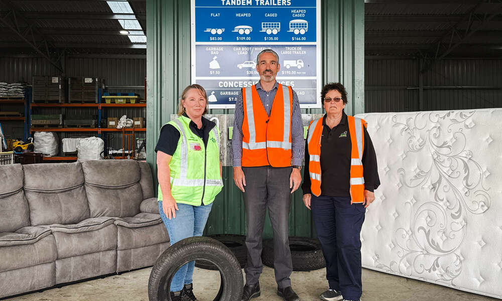 OneFortyOne Environmental Manager Belinda Williamson, City of Mount Gambier Environmental Sustainability Officer Aaron Izzard, and ReUse Market Attendant Tanis Alexander