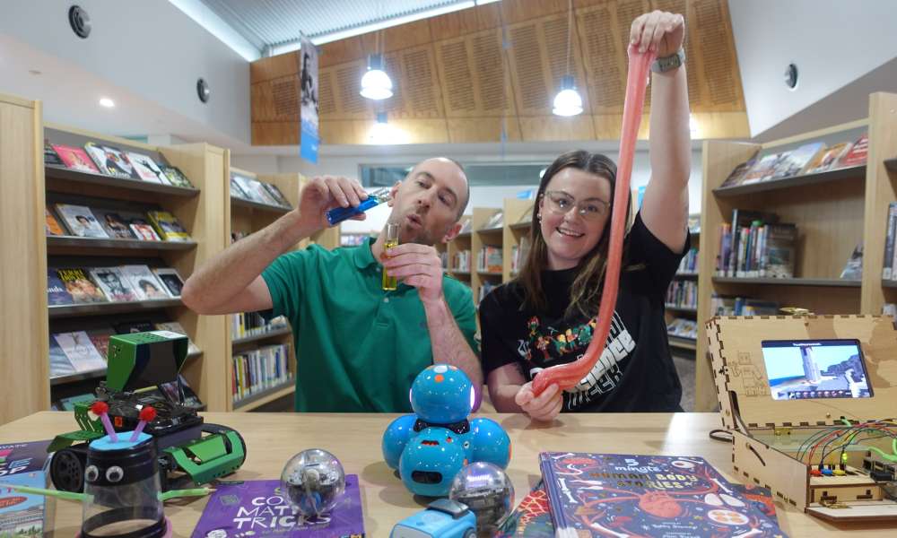 Library staff Rowan Thurlings and Emmason Ilsley are looking forward to Super Science Saturday on Saturday 9 August 2025.