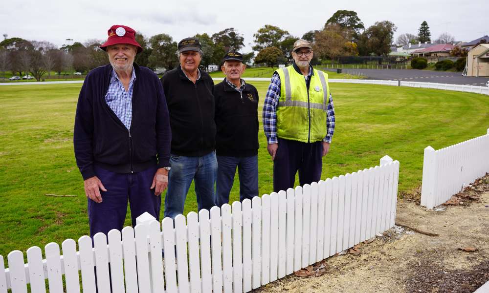 Men’s Shed members Jeff Redwood (left), Peter Halleday, Dave Lawson and Dave Norton were proud to be involved in the picket fence renewal project at Frew Park.