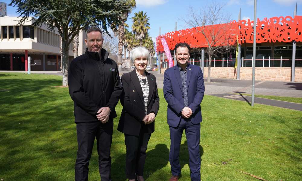 Green Triangle Electronics Director and Information Technology Manager Matt Cutting (left), Mayor Lynette Martin and Stand Like Stone CEO Jason Wallace.
