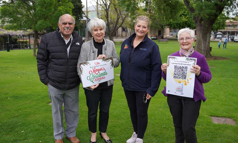 St Vincent de Paul's John D’Souza, Mayor Lynette Martin, ac care's Deanne Swift and Uniting Care's Laura Kilsby are excited to launch the Mount Gambier Mayor’s Community Christmas Appeal for 2025.