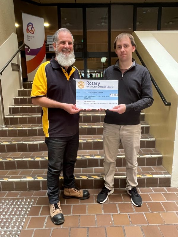 Rotary Club of Mount Gambier Lakes President Andrew Matheson (left) and Presiding Member, Junior Sports Assistance Fund Cr Josh Lynagh.