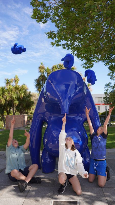 George, Beth and Grace with the Cast in Blue plush toys, available for purchase at The Riddoch Arts and Cultural Centre.