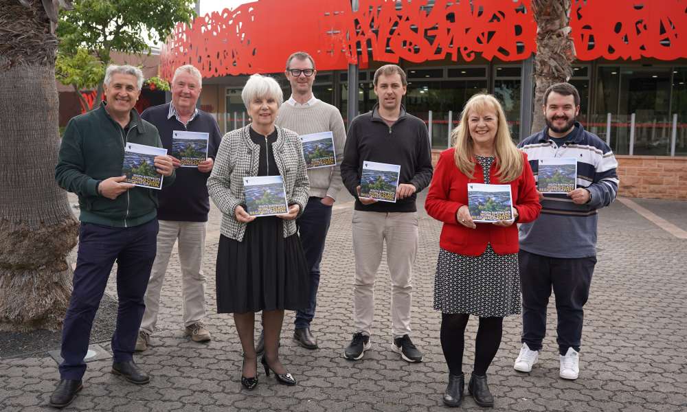 City of Mount Gambier Elected Members Cr Frank Morello (left), Cr Paul Jenner, Mayor Lynette Martin, Cr Max Bruins, Cr Josh Lynagh, Cr Sonya Mezinec and Cr Jason Virgo with the new advocacy plan.