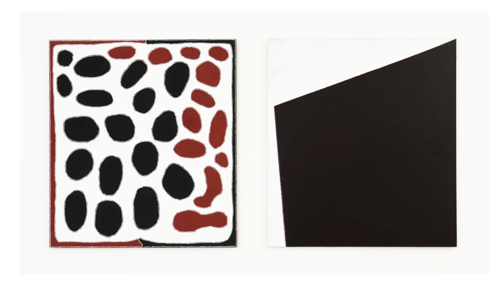 Rusty Peters, Gija people, Western Australia, Different Languages for Aboriginal and non- Aboriginal People from the series Two Laws One Big Spirit, 2000, earth pigments on linen © Rusty Peters / Copyright Agency 2025. Image right: Peter Adsett , born Gisborne, Aotearoa - New Zealand 1959, Painting number 8 from the series Two Laws One Big Spirit, 2000, synthetic polymer paint on linen, © Peter Adsett.
