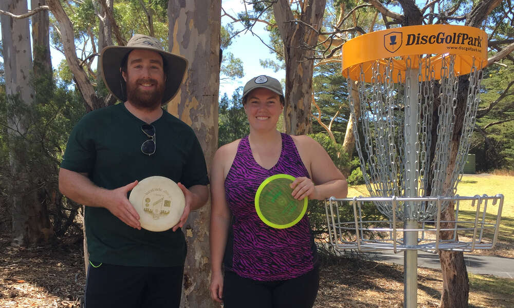 Canadian tourists Josh Prine and Sam Marie at the Mount Gambier Disc Golf Park. They travelled to Mount Gambier to use the course after it was recommended to them by Granite Mountain Disc Golf's Nathan Lee in Applethorpe, Queensland.