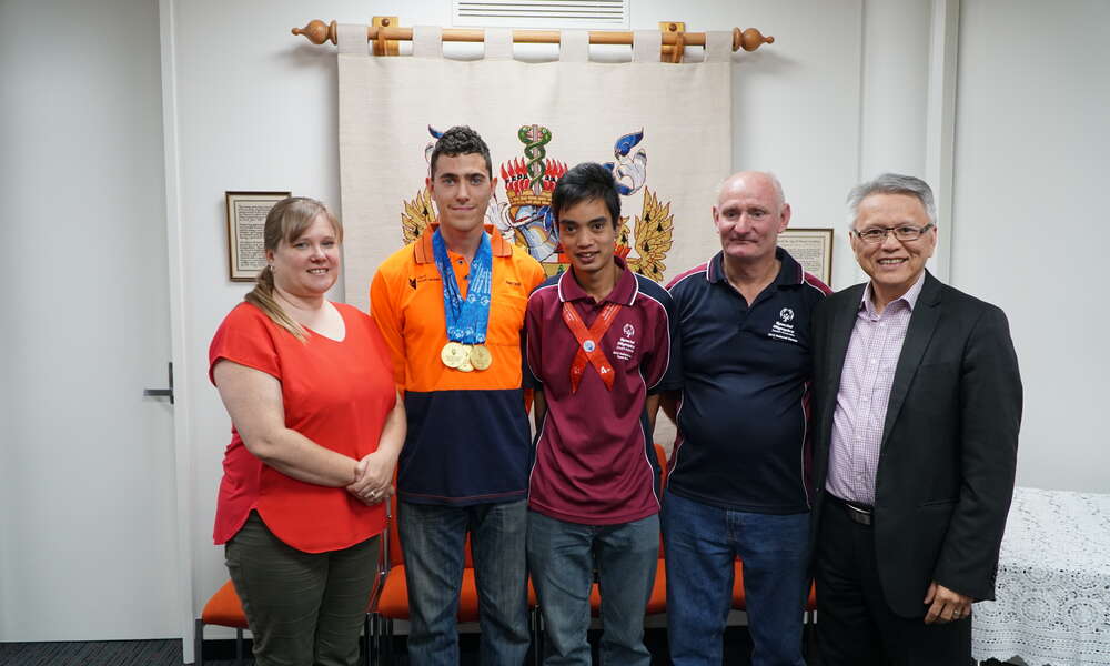 Photo: Left to Right - Cr Hanna Persello, Athletes Amechai Bawden and Jamal Seiler with Limestone Coast All Ability Soccer Coach Keith Seiler and Mayor Andrew Lee.