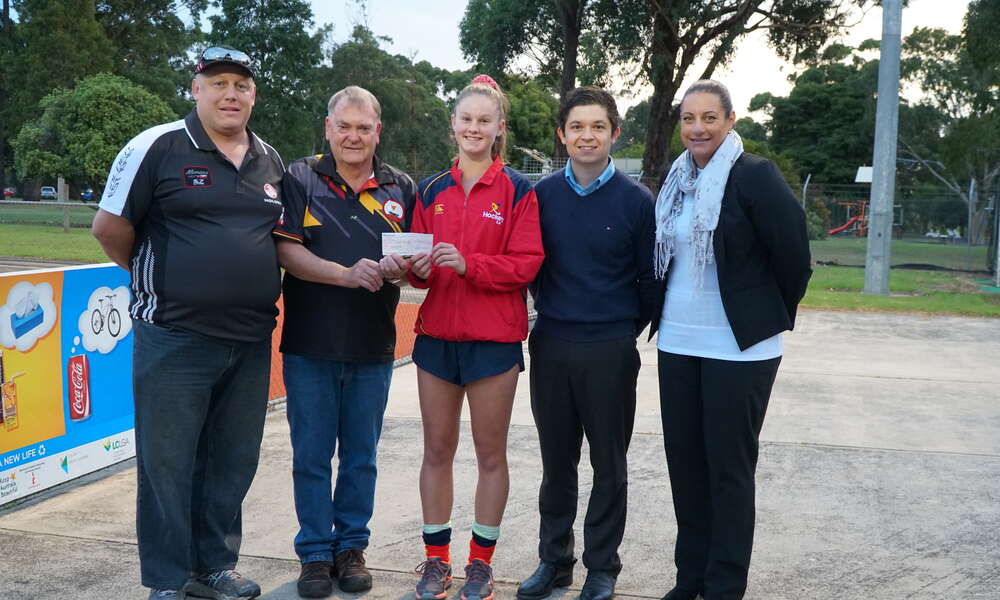 A cheque was presented to Georgia Clarke on Wednesday evening at the Lower South East Hockey clubrooms by members of the Commercial Club Committee Greg McCallum and Michael Cameron and Councillors Christian Greco and Kate Amoroso.