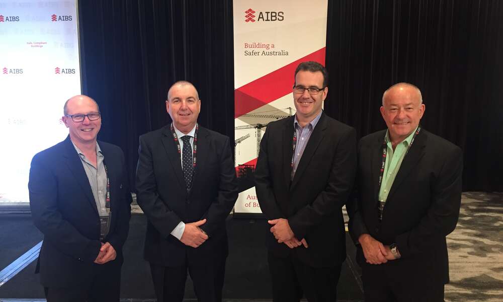 City of Mount Gambier Building Officer Paul Gibbs (left), Australian Institute of Building Surveyors (AIBS) Chief Executive Officer Brett Mace, AIBS Board president Troy Olds and City of Mount Gambier consulting Building Surveyor Dave Vandborg at the 2019 National Construction Code Symposium in Canberra.
