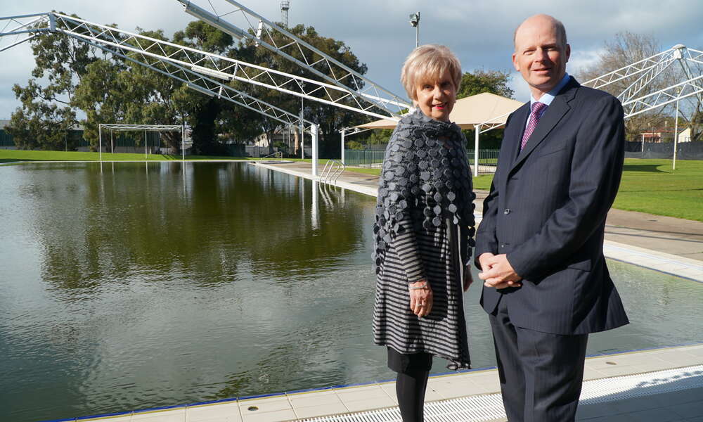 City of Mount Gambier Mayor Lynette Martin and CEO Andrew Meddle stand next to the 50 metre pool on site at the Aquatic Centre (currently closed due to the winter season). The pool will be refurbished to meet contemporary standards and provide an additional 15 years of use.