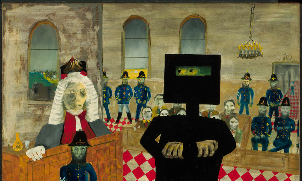 Sidney Nolan
The trial, 1947,
from the Ned Kelly series 1946 – 1947,
enamel paint on composition board,
90.70 x 121.20 cm,
Gift of Sunday Reed, 1977.