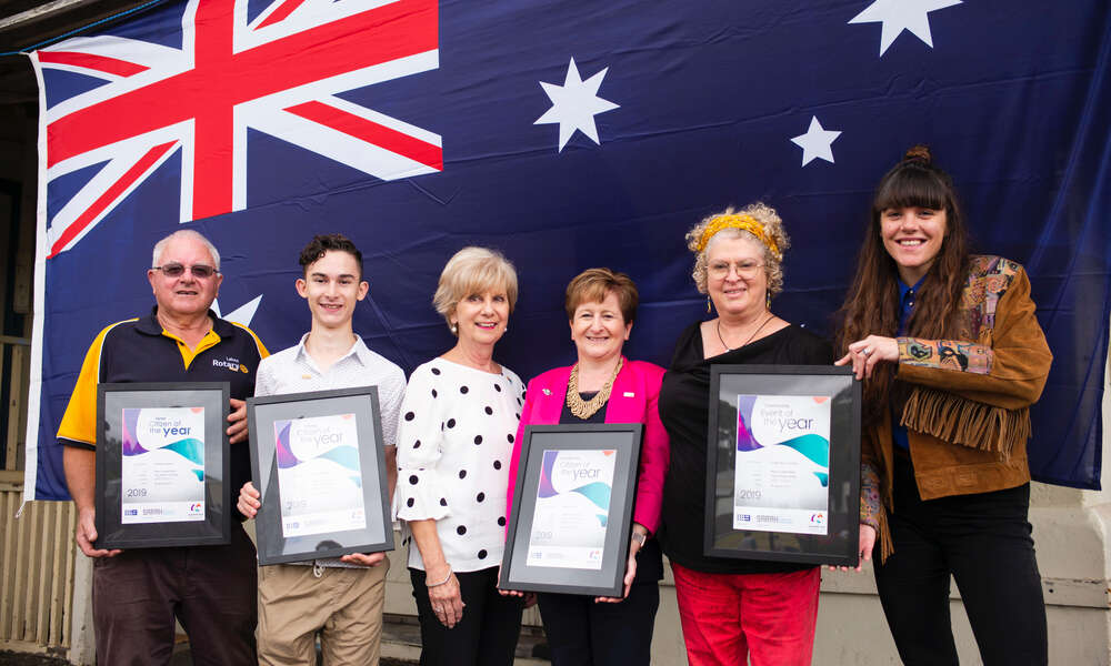 2019 Australia Day awardees: Senior Citizen of the Year Graham Robinson (left), Young Citizen of the Year Joseph McMahon, City of Mount Gambier Mayor Lynette Martin OAM, Citizen of the Year Sharon Tuffnell and Community Event of the Year representatices Monica Hart and Louise Adams (Fringe Mount Gambier).