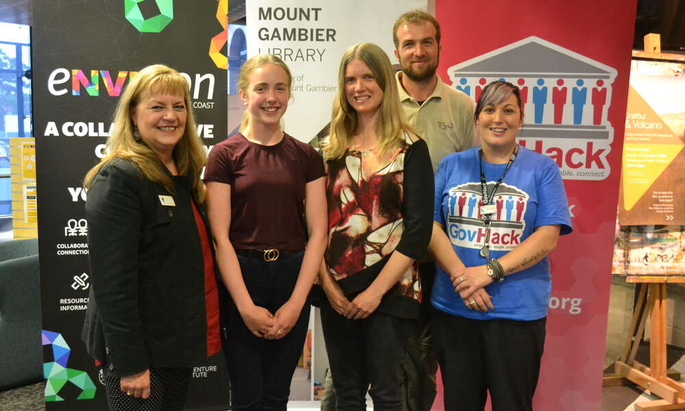 City of Mount Gambier Deputy Mayor Sonya Mezinec, Three’s not a Crowd team members Correa, Charlene and Mark Bachmann and Library Youth Services Coordinator Terasa Nearmy.