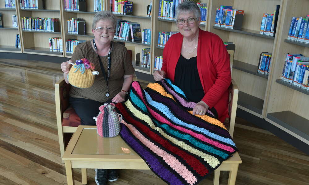 Mount Gambier Library Crochet Club volunteer coodinator Val Milner and member Rhonda Robinson have been busy getting ready for this weekend's exhibition.