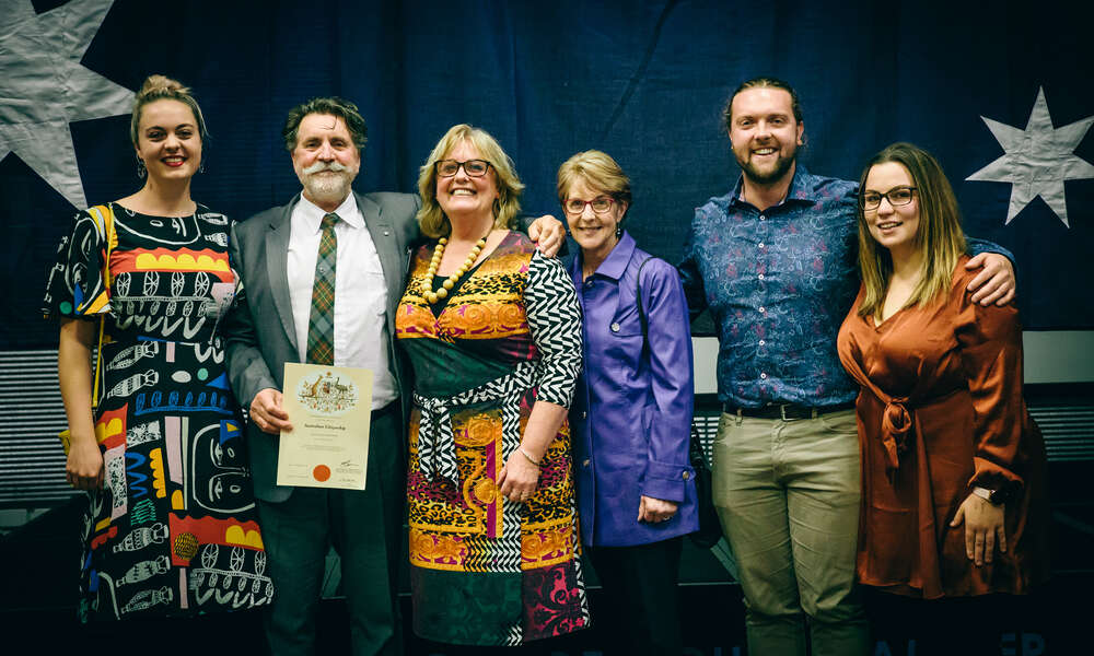 Keith Bateman (second from left) was joined by his family as he received Australian citizenship having lived in Australia for more than 60 years.