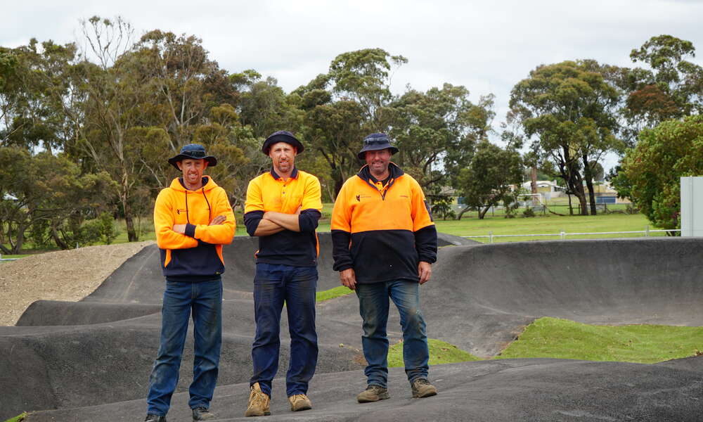 City of Mount Gambier Acting Works Manager Infrastructure Chris Habets and Construction and Maintenance workers Hayden Cook and Darren Kain have been busy putting the final landscaping touches on the new Mount Gambier Pump Track.