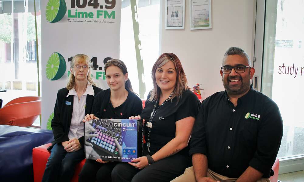104.9 Lime FM Production volunteer Bronwyn Sims, Library Trainee Laryssa King, Library Youth Services Coordinator Terasa Nearmy and 104.9 Lime FM Station Manager Rohan Battersby are excited to launch the Groovebox after school program at the Mount Gambier Library.