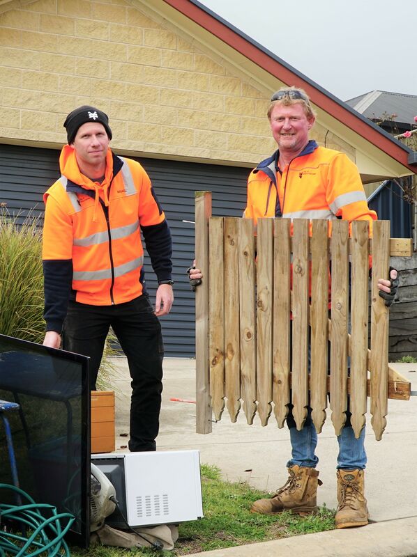 City of Mount Gambier Waste and ReUse employees Michael Smith and Michael Satterley are pictured with some of the items available for collection as part of the bulky waste trial.