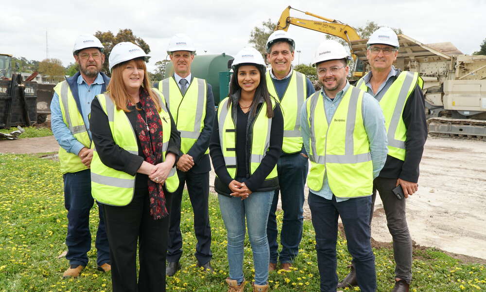 L to R: BADGE Site Manager Grenville Smith, City of Mount Gambier Procurement Officer Lisa Hinton, City of Mount Gambier City Infrastructure General Manager Nick Serle, BADGE Site Engineer Princi Tandel, Project Manager Nick Argyros, Design Inc Architect Ben McPherson and BADGE Senior Construction Manager Mark Wyatt.