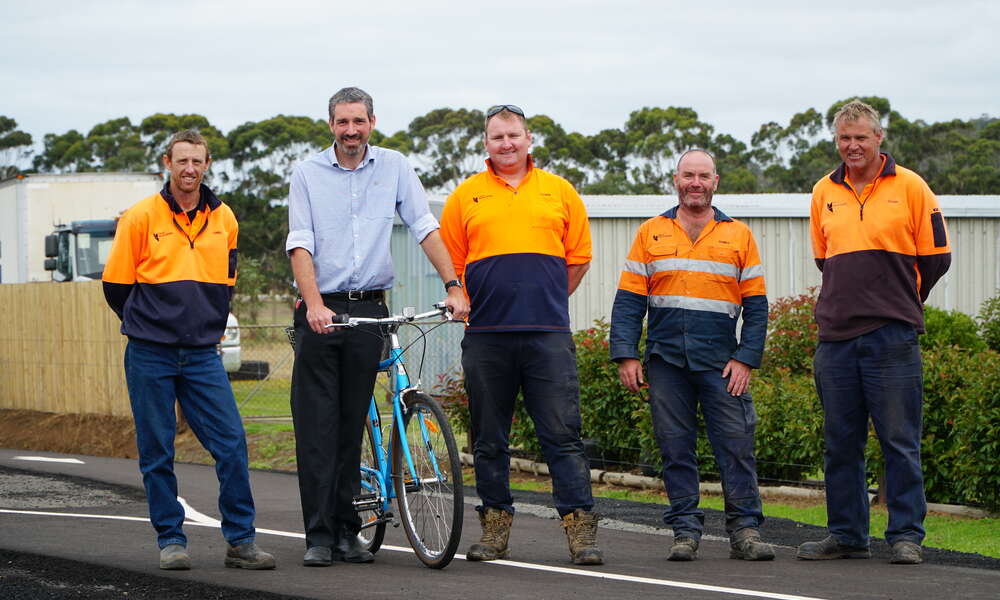City of Mount Gambier Construction and Maintenance Coordinator Chris Habets (left), Environmental Sustainability Officer Aaron Izzard and Construction and Maintenance workers Patrick Grubb, Corey Radford and Glen Lewis recently completed work on stage four of the Mount Gambier Rail Trail.