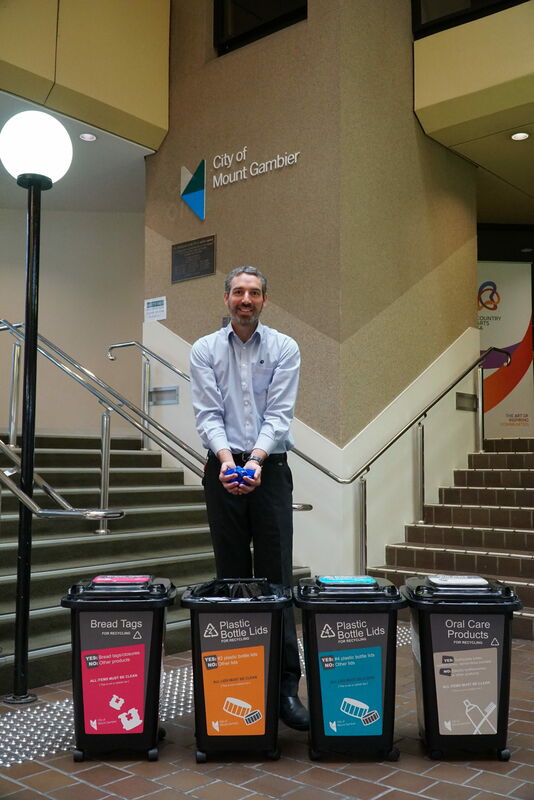 City of Mount Gambier Environmental Sustainability Officer Aaron Izzard with Council's new small scale recycling bins located at the Civic Centre.