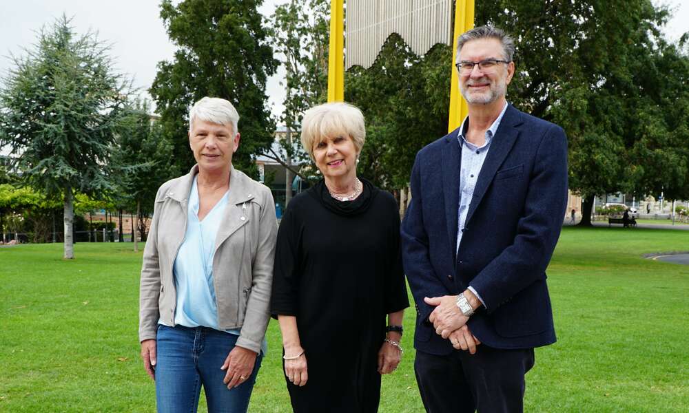 ac.care Manager Homelessness Services Trish Sparks (left), City of Mount Gambier Mayor Lynette Martin and ac.care CEO Shane Maddocks.