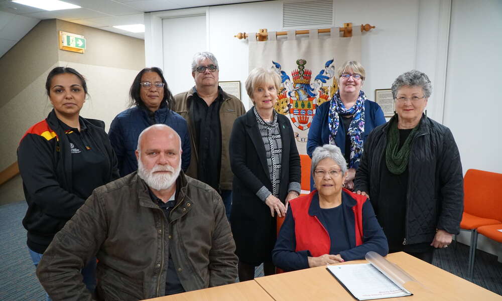 Reconciliation Action Plan Community Reference Group members (left to right): Bonnie-May Saunders, Uncle Mark Lovett, Belinda Bonney, Gilbert Rigney, Mayor Lynette Martin, Aunty Val Brennan, CEO Sarah Philpott and Aunty Michelle Jacquelin-Furr.