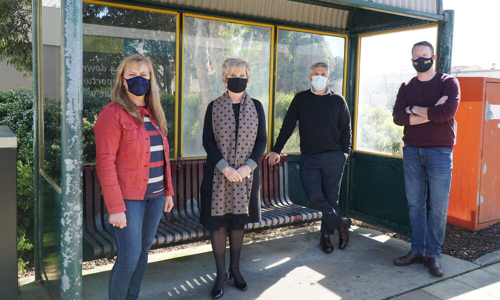 Mayor Lynette Martin and Councillors Sonya Mezinec, Frank Morello and Ben Hood at the Ferrers Street bus stop.