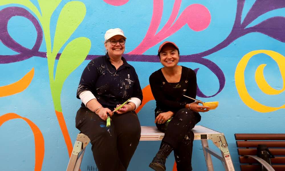 2020/2021 Creative Arts Fund recipients Ruth Stephenson and Pariya Ziakas completed their mural in Ripley Arcade earlier this year celebrating the vibrant dance culture in Mount Gambier. Photo credit: Kate Hill Creative