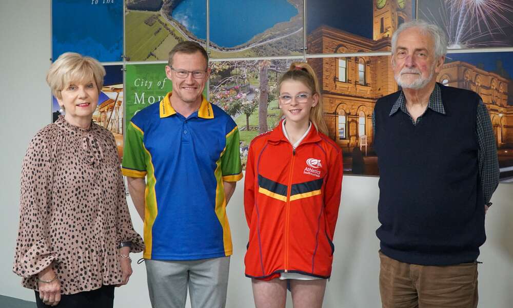 Mayor Lynette Martin with Mount Gambier and Districts Little Athletics President Michael Ellis, Exceptional Junior Awardee Emily Lynch and Commercial Club Chairman Leigh Dowdell.