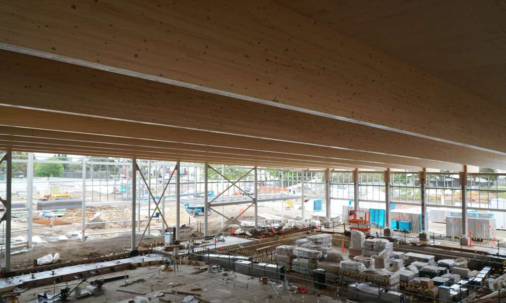 The timber beams have been enclosed over the indoor pool area.