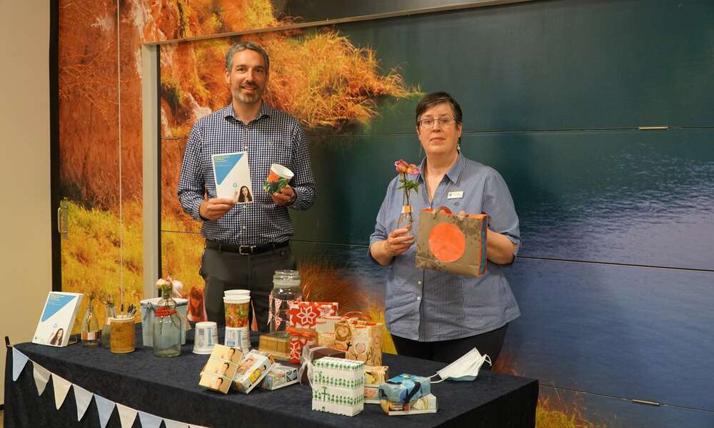 City of Mount Gambier Environmental Sustainability Officer Aaron Izzard with Library Assistant Susan Briffa who will run the ‘Waste Not!’ upcycling workshop as part of National Recycling Week.